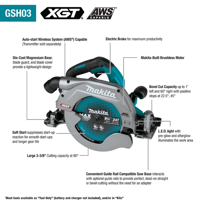 Makita (GSH03Z) 40V Max XGT 9‑1/4" Circular Saw with Guide Rail Compatible Base (Bare Tool)