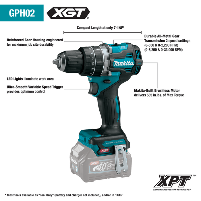 Makita (GPH02D) 40V MAX XGT Compact Brushless Cordless 1/2" Hammer Driver-Drill Kit (2.5Ah)