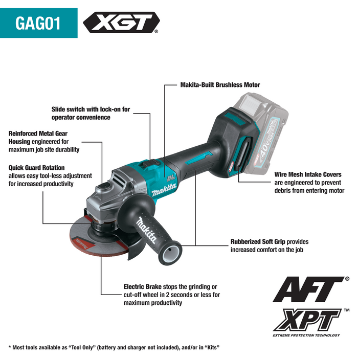 MAKITA (GAG01M1) 40V Max XGT Brushless Cordless 4‑1/2” / 5" Angle Grinder Kit, with Electric Brake (4.0Ah)