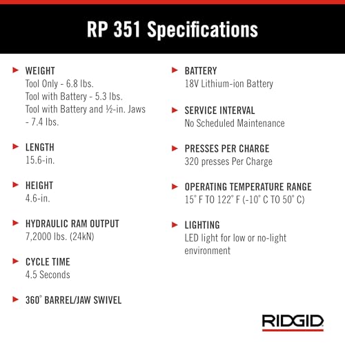 RIDGID 67178 Model RP 351 ProPress Standard Press Tool Kit with Battery, Charger, 1/2" to 2" Press Tool Jaws, and Carrying Case