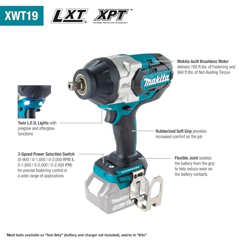 Makita XWT19T 18V LXT Brushless 3-Speed 1/2" Sq. Drive Impact Wrench Kit w/ Detent Anvil (5.0Ah) & FREE Makita T-90037