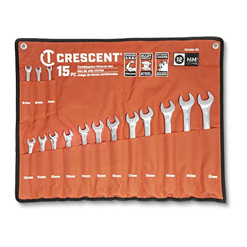 Crescent 15-Piece 12-Point Metric Combination Wrench Set with Tool Roll