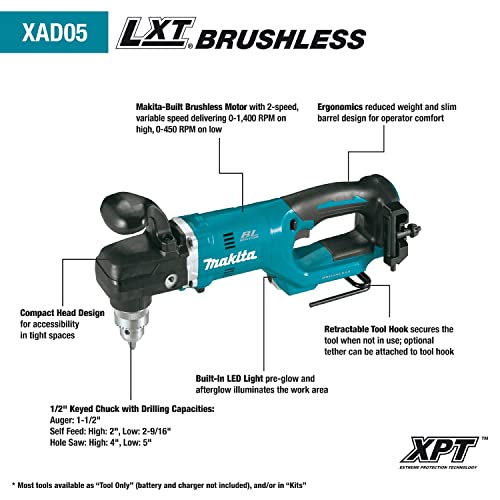 Makita (XAD05T) 18V LXT Lithium‑Ion Brushless Cordless 1/2" Right Angle Drill Kit (5.0Ah)