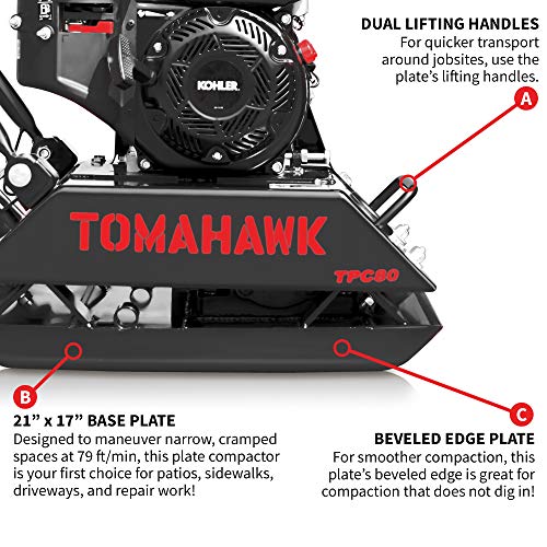 Tomahawk Vibratory Plate Compactor Tamper for Dirt, Asphalt, Gravel, Soil Compaction with 6HP Engine