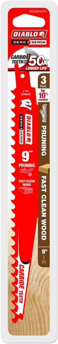 Diablo DS0903CP3 Demo Demon Carbide Tipped Reciprocating Saw Blades for Pruning and Clean Wood, Carbide Tooth Design, 9" Length, 3 TPI (Pack of 3)