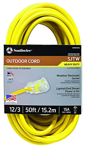 Southwire 2588SW0002 Outdoor Cord-12/3 SJTW Heavy Duty 3 Prong Extension Cord-for Commercial Use (50'; Yellow); 50 Feet