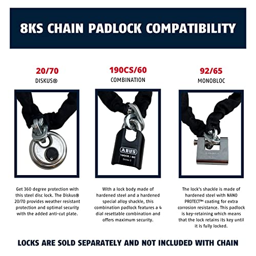ABUS Hardened Steel 8KS 6 Foot x 5/16" Thick Square Security Chain for Bikes, Containers, Trailers, ATV's, Motorcycles and Personal/Industrial Property