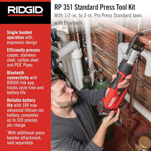 RIDGID 67178 Model RP 351 ProPress Standard Press Tool Kit with Battery, Charger, 1/2" to 2" Press Tool Jaws, and Carrying Case