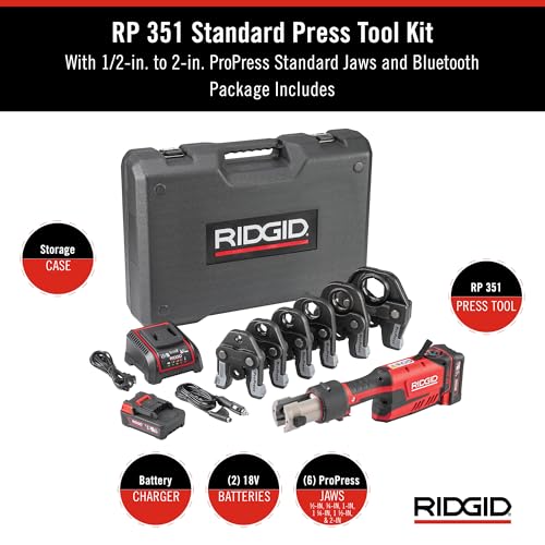 RIDGID 67178 Model RP 351 ProPress Standard Press Tool Kit with Battery, Charger, 1/2" to 2" Press Tool Jaws, and Carrying Case