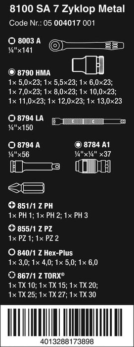 Wera Tools (05004017001) 8100 SA 7 Zyklop Metal Ratchet Set with 1/4" Square Drive, 28 Piece, Metric