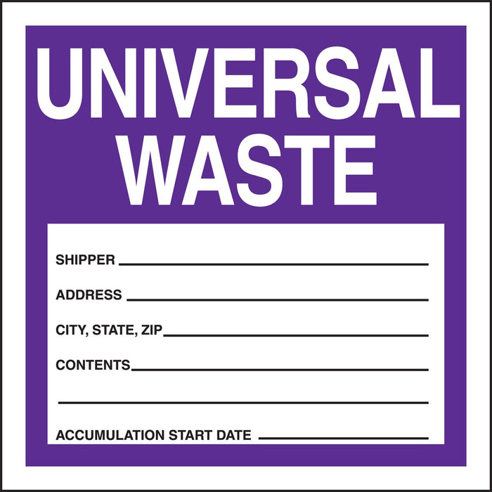 Accuform MHZW17PSL Adhesive Coated Hazardous Waste Label, "Universal Waste", Paper, 4" x 4", Purple/Black on White (Pack of 250)
