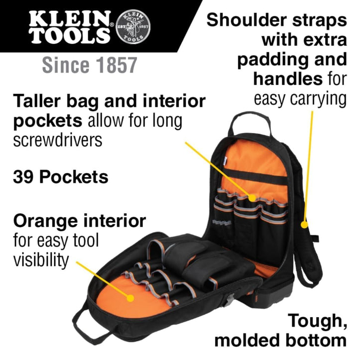 Klein Tools 55421BP-14 Tradesman Pro Tool Bag Backpack, 39 Pockets, Black, 14-Inch