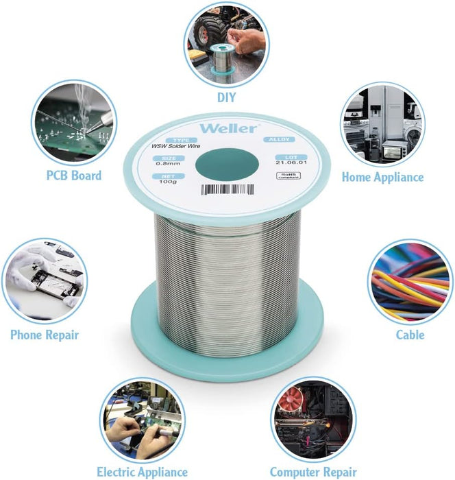 Weller WSW SAC L0 Lead-Free Solder Wire, 0.8 mm / 0.039 in Diameter, 500 g / 17.637 oz Weight, Sn96.5Ag3.0Cu0.5 Alloy, 3.5% Flux Content - (T0051386999)