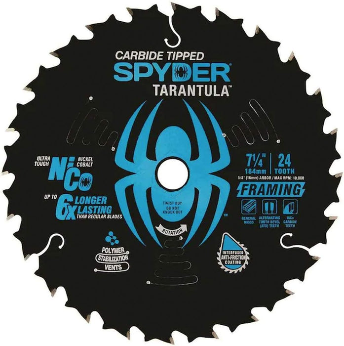 Spyder Framing 7-1/4" 24-Tooth Tungsten Carbide-Tipped Steel Circular Saw Blade - 13001