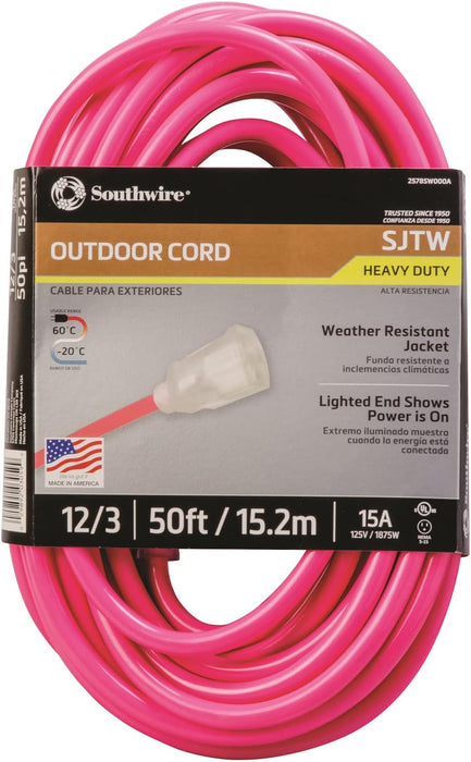 Southwire Heavy Duty Extension Cord, 50Ft, 12 Gauge, 3 Conductor, High Visibility Outdoor Cord, Lighted End, SJTW, Cool Pink - 2578SW000A