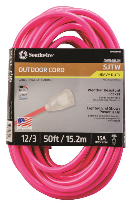 Southwire Heavy Duty Extension Cord, 50Ft, 12 Gauge, 3 Conductor, High Visibility Outdoor Cord, Lighted End, SJTW, Cool Pink - 2578SW000A
