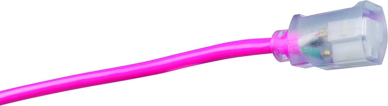 Southwire Heavy Duty Extension Cord, 50Ft, 12 Gauge, 3 Conductor, High Visibility Outdoor Cord, Lighted End, SJTW, Cool Pink - 2578SW000A