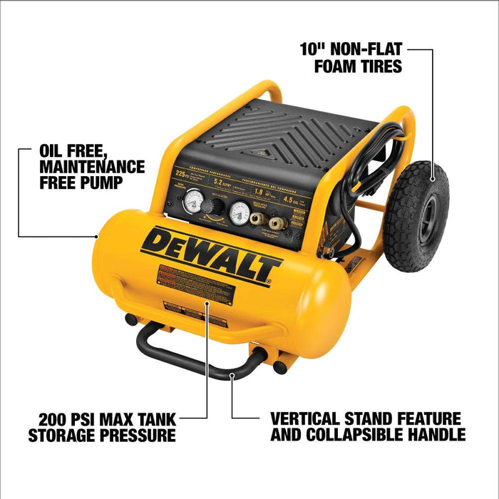 DeWALT 1.6 Hp (D55146) Continuous 200 Psi, 4.5 Gallon Compressor, 17" x 33.75" x 24.5"