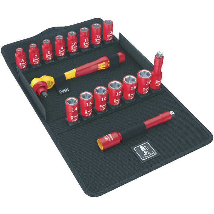 Wera Tools 17 Piece 8100 SB VDE 1 Zyklop Ratchet Set, Insulated, Switch Lever, 3/8" Drive, Metric - 05004970001