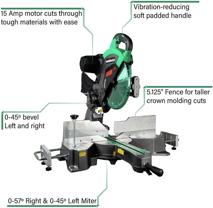 Metabo HPT Sliding Compound Miter Saw | 12-Inch Blade | Double Bevel | Laser Marker | 15-Amp Motor | 5 Year Warranty | C12RSH2S