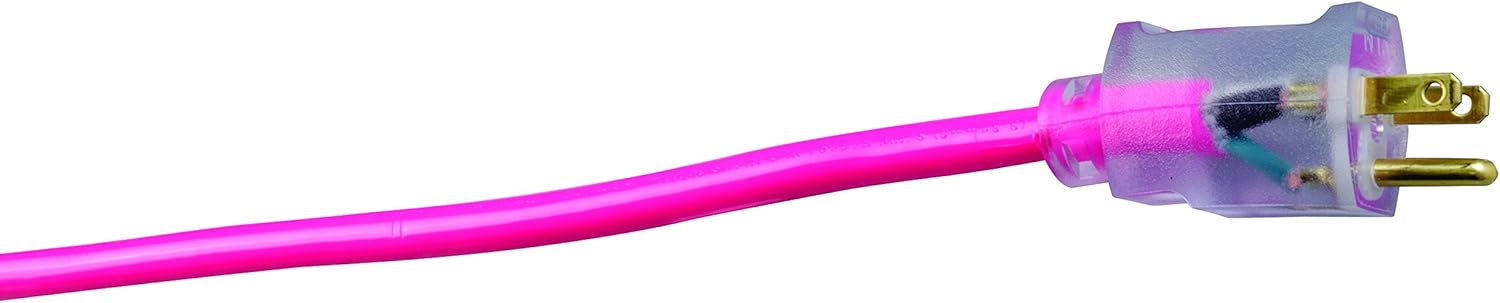 Southwire Heavy Duty Extension Cord, 50Ft, 12 Gauge, 3 Conductor, High Visibility Outdoor Cord, Lighted End, SJTW, Cool Pink - 2578SW000A