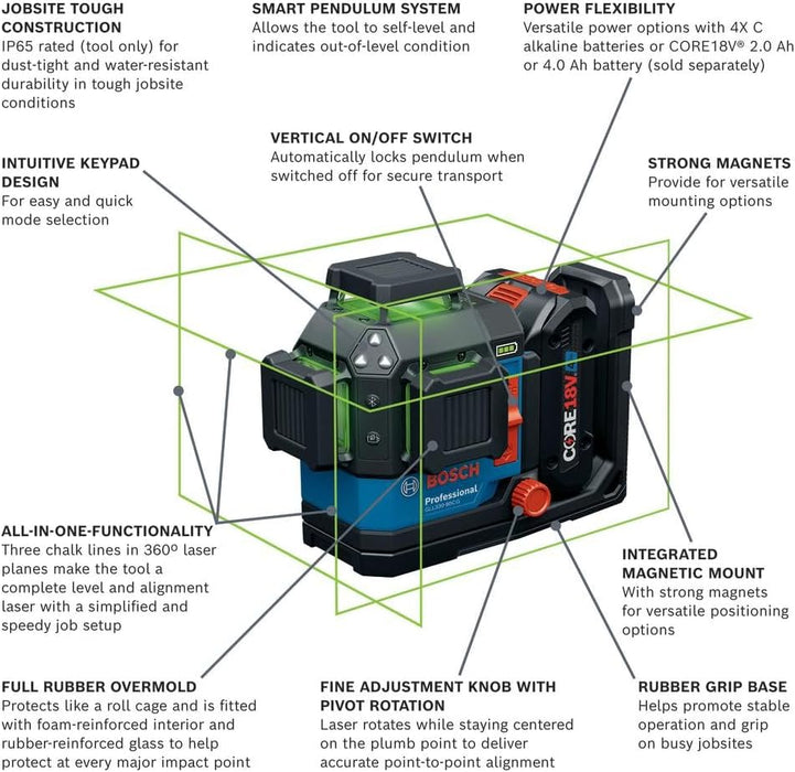 BOSCH GLL330-80CGN 18V 360º Connected Green-Beam Three-Plane Leveling and Alignment Laser - Versatile, High-Visibility Laser with VisiMax Technology and Bluetooth Connectivity (Bare Tool)