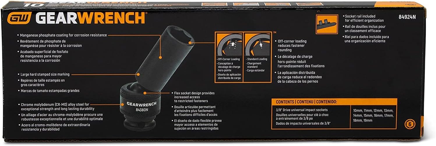 GEARWRENCH (84924N) 10 Pc. 3/8 Inch Drive 6 Pt. Deep Universal Impact Socket Set, Metric