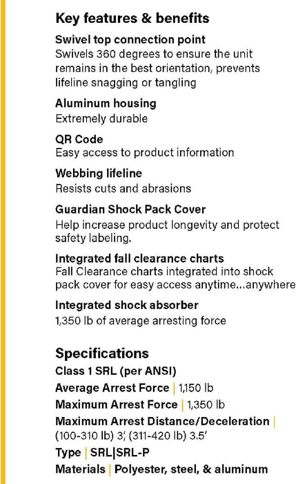 Guardian Fall Protection (10901) Halo Web SRL – 11 ft. Nylon Webbing with Carbineer, Swivel Top, Steel Rebar Hook