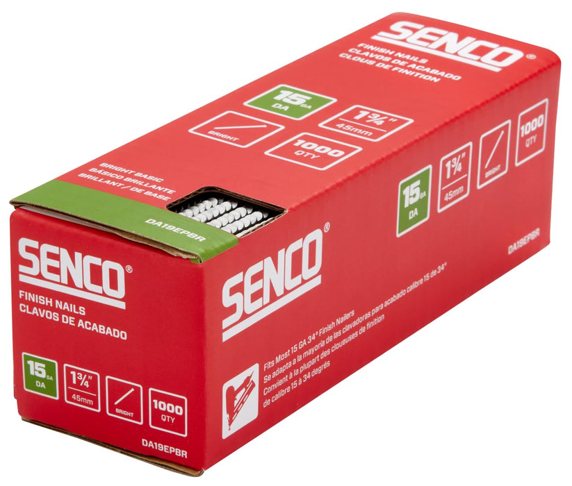 SENCO DA19EPBR 1-3/4" 15 Gauge, Bright Finish Nails, 34 Degree Angled Tape Strip, 1,000 Count Pack