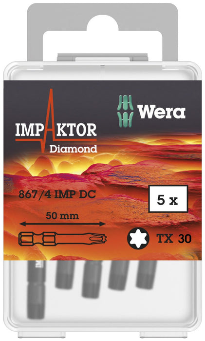 Wera 867/4 Diamond Coated Impaktor Torx Screwdriver Bits for TX30 Torx Socket Screws (Pack of 5)