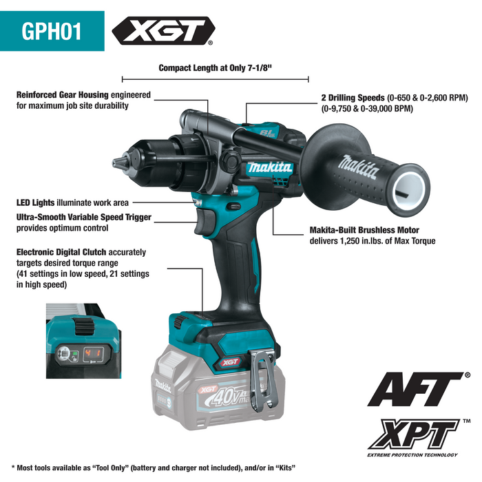 Makita 40V Max XGT GPH01Z Brushless Cordless 1/2" Hammer Driver‑Drill (Bare Tool)