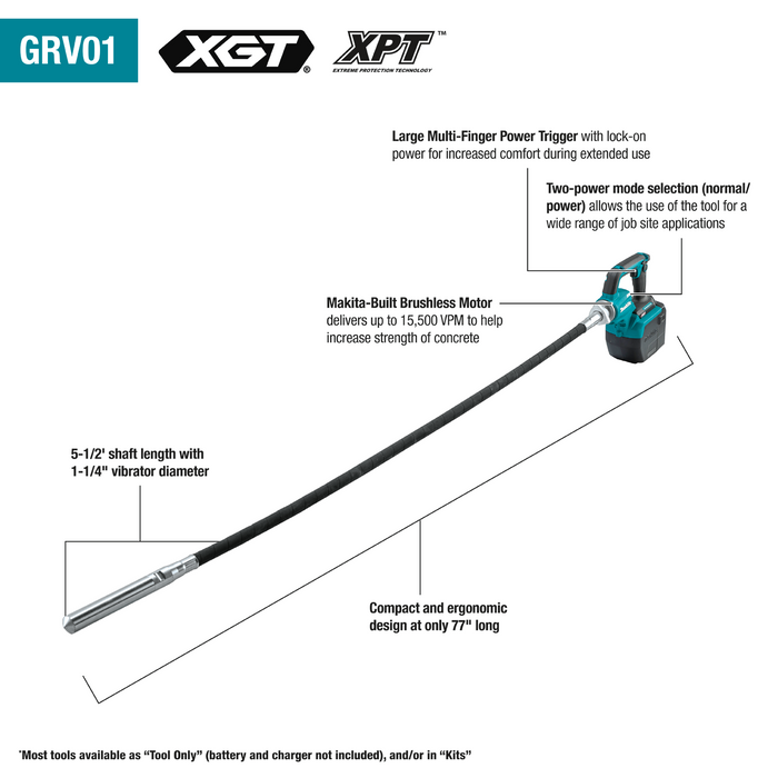 Makita (GRV01M1) 40V Max XGT Brushless Cordless 5‑1/2' Concrete Vibrator Kit (4.0 Ah)