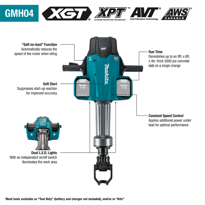 Makita - (GMH04PLX) 80V max (40V max X2) XGT Brushless 70 lb. 1‑1/8" Hex AVT Breaker Hammer Kit, AWS Capable (8.0Ah)