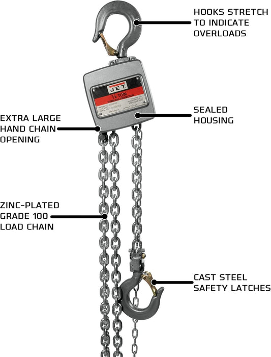 JET 1/2-Ton Aluminum Hand Chain Hoist, 15' Lift (AL100-050-15)