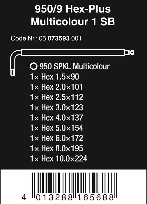 Wera Tools (05073593001) 950 SPKL/9 SM N SB Long ARM HEX Key Set