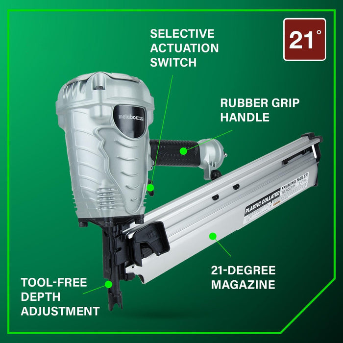 Metabo HPT Framing Nailer, Pro-Preferred Power Nailer for Flooring, Roof Decking, and More, Lightweight 7.5 lbs Framing Tool for 21° 2" to 3-1/2" Plastic Collated Nails, NR90AES1 NR90AES1 Only