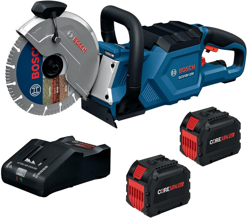 BOSCH GCS18V-230N212 18V Brushless Cordless 9-Inch Cutoff Saw for Concrete & Metal Cutting | Lightweight Ergonomic Design, 6-Position Cutting Guard, Kit with (2) CORE18V 12 Ah Batteries