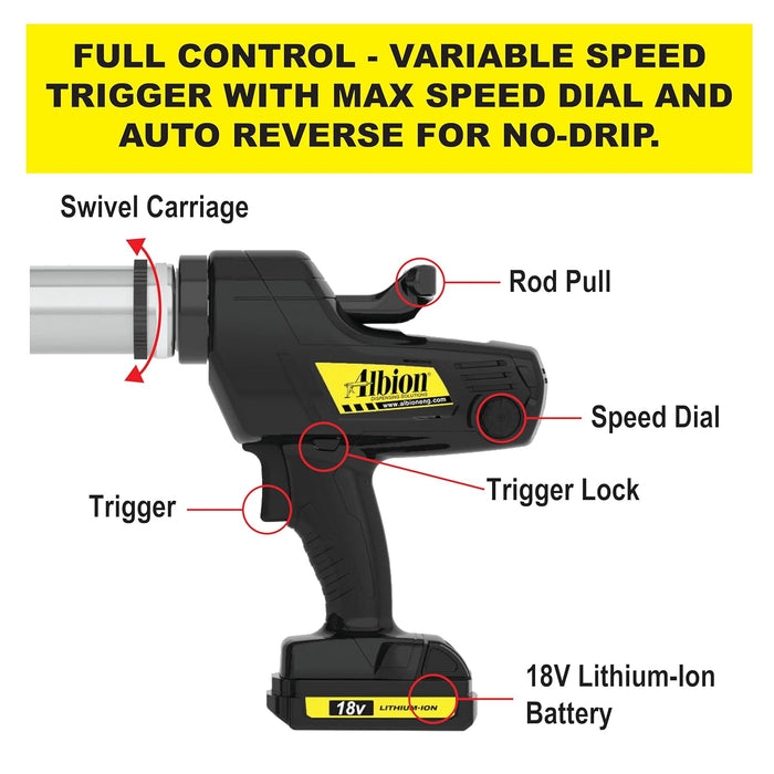 Albion Engineering E18T1500XL 1500 Series Cordless Multi-Component Cartridge Extension Epoxy Adhesive Gun, 18V, 1:1 Ratio (750 x 750 ml) with Extension