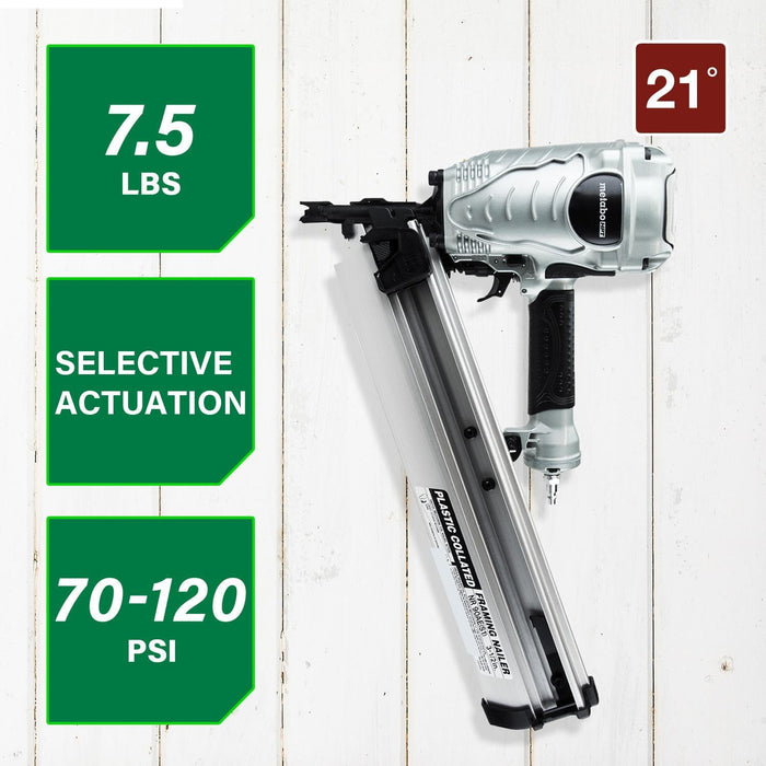 Metabo HPT Framing Nailer, Pro-Preferred Power Nailer for Flooring, Roof Decking, and More, Lightweight 7.5 lbs Framing Tool for 21° 2" to 3-1/2" Plastic Collated Nails, NR90AES1 NR90AES1 Only