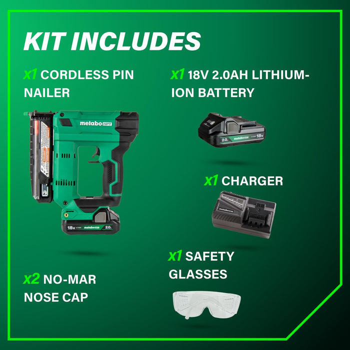 Metabo HPT 18V MultiVolt Cordless 23-Gauge Pin Nailer Kit | Includes Battery and Charger | Double Trigger for Maximum Safety | One Piece Nose Structure | Dry Fire Lockout | NP1835DA