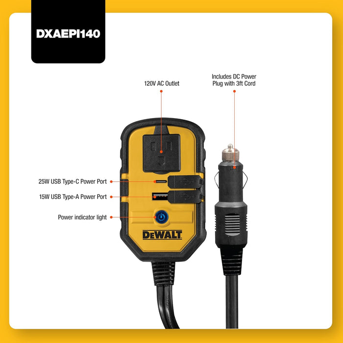 DEWALT DXAEPI140 Power Inverter 140W Car Converter: 12V DC to 120V AC Power Outlet with 25W USB Type C and 15W USB Type A Ports