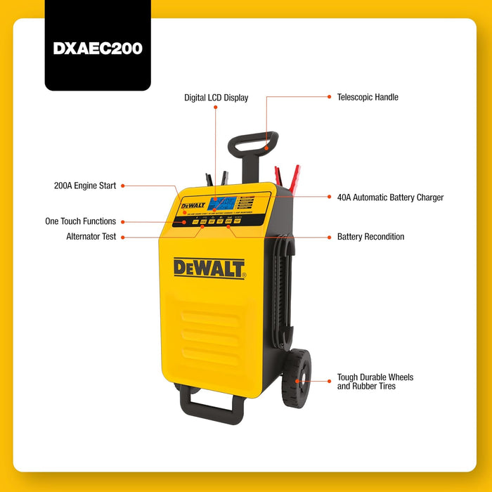 DEWALT DXAE200 Professional Rolling 40 Amp Battery Charger, 3 Amp Maintainer with 200 Amp Engine Start