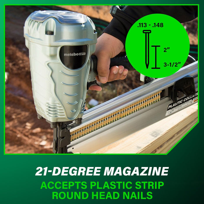 Metabo HPT Framing Nailer, Pro-Preferred Power Nailer for Flooring, Roof Decking, and More, Lightweight 7.5 lbs Framing Tool for 21° 2" to 3-1/2" Plastic Collated Nails, NR90AES1 NR90AES1 Only