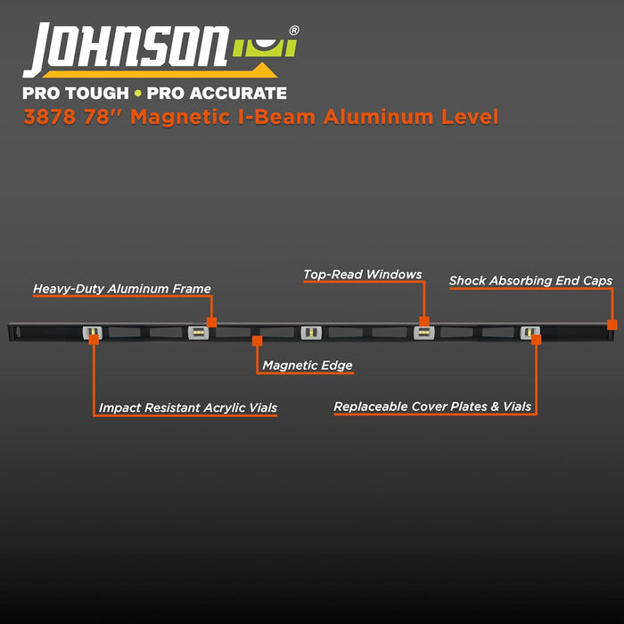 Johnson 3878 Magnetic Professional Aluminum Level, 78", Black