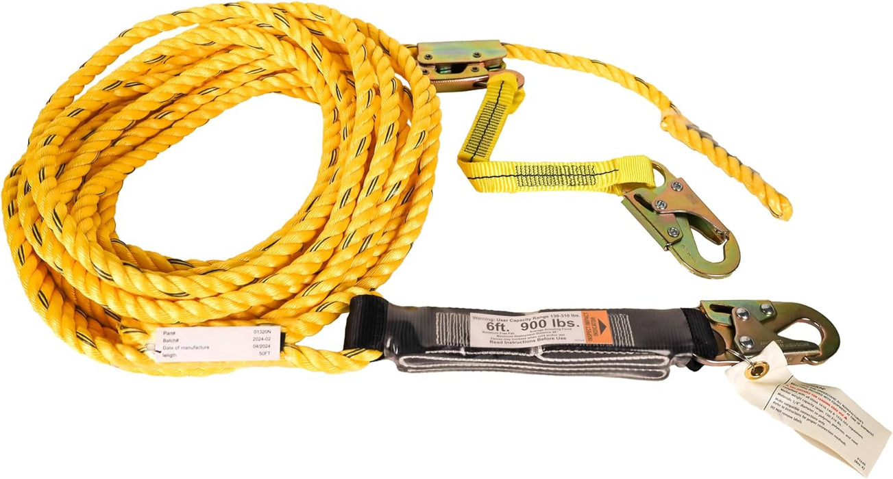 Guardian 01320 50 ft Vertical Lifeline Assembly (VLA) with Adjustable Rope Grab and Shock Absorber | OSHA Compliant 50 ft Lifeline Assembly