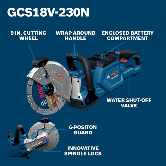 BOSCH GCS18V-230N 18V Brushless Cordless 9-Inch Cutoff Saw for Concrete & Metal Cutting | Lightweight Ergonomic Design, 6-Position Cutting Guard, Water Shut-Off Valve, Easy Wheel Change (Bare Tool)