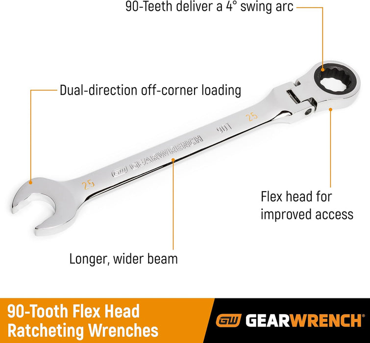 GEARWRENCH (86722) 22mm 4 Degree Swing Arch 12 Point Flex Head Ratcheting Combination Wrench