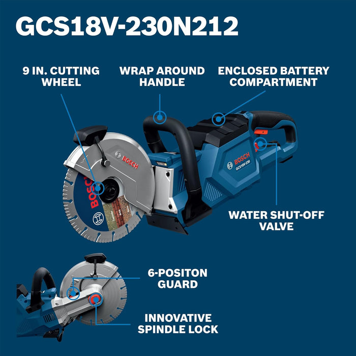 BOSCH GCS18V-230N212 18V Brushless Cordless 9-Inch Cutoff Saw for Concrete & Metal Cutting | Lightweight Ergonomic Design, 6-Position Cutting Guard, Kit with (2) CORE18V 12 Ah Batteries
