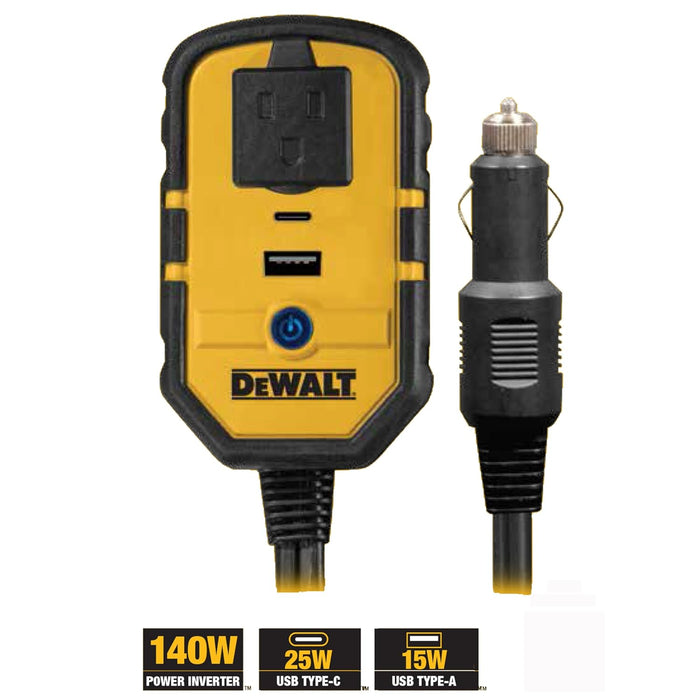 DEWALT DXAEPI140 Power Inverter 140W Car Converter: 12V DC to 120V AC Power Outlet with 25W USB Type C and 15W USB Type A Ports