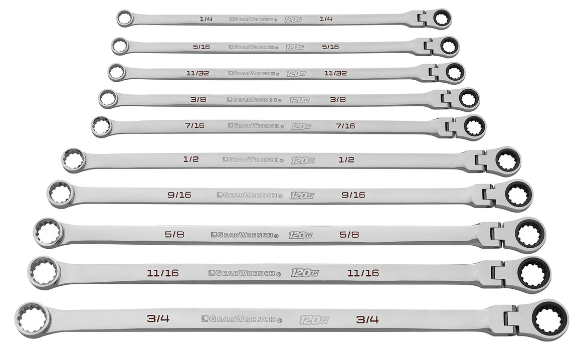 GearWrench 10 Pc. 120XP Universal Spline XL Flex Head GearBox Ratcheting SAE Wrench Set - 86142